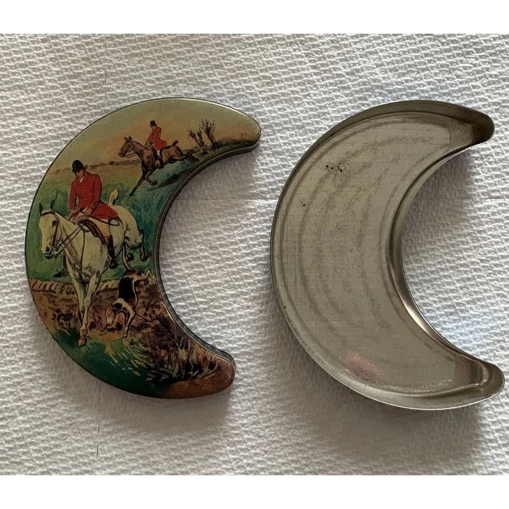 Vtg Lackerli-Huus Crescent Moon Shaped Mint Tin Equestrian Hunt Theme